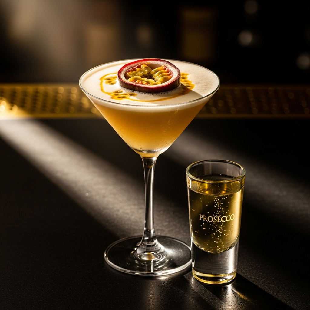 Close-up of a pornstar martini cocktail with passion fruit garnish, dark moody bar lighting, gold and black tones, editorial photography