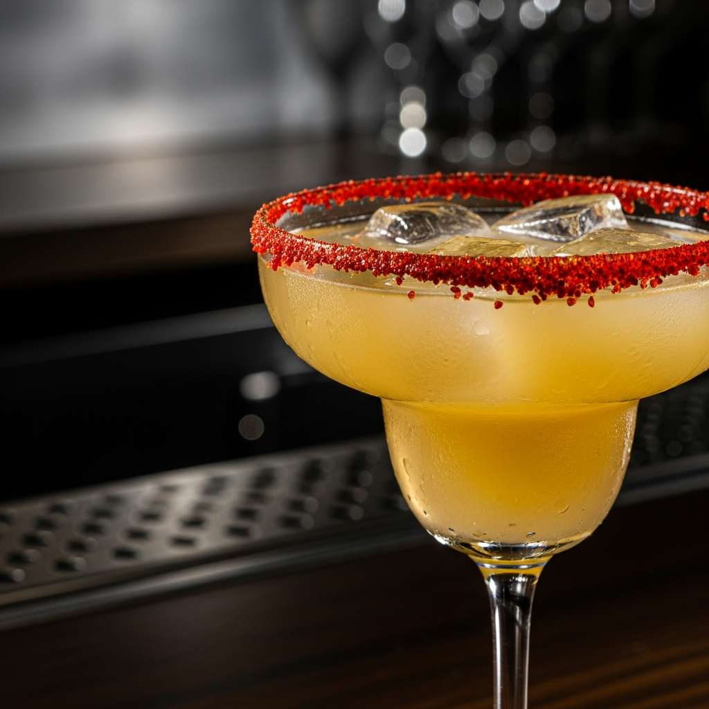 Close-up of a golden margarita cocktail with chilli rim, dark industrial bar, moody lighting, editorial photography