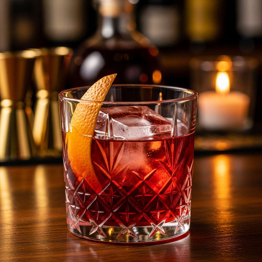 Close-up of a deep red negroni cocktail in crystal glass, dark bar background, candlelit, gold accents, editorial