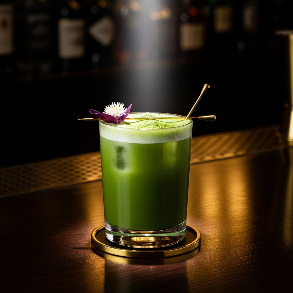 Elegant non-alcoholic cocktail with matcha green tones in minimalist glass, dark moody bar, editorial lighting, gold accents